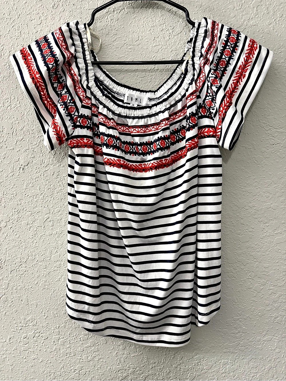 THML Striped Short Sleeve Top in White & Navy with Red/Navy Embroidery Size Medi